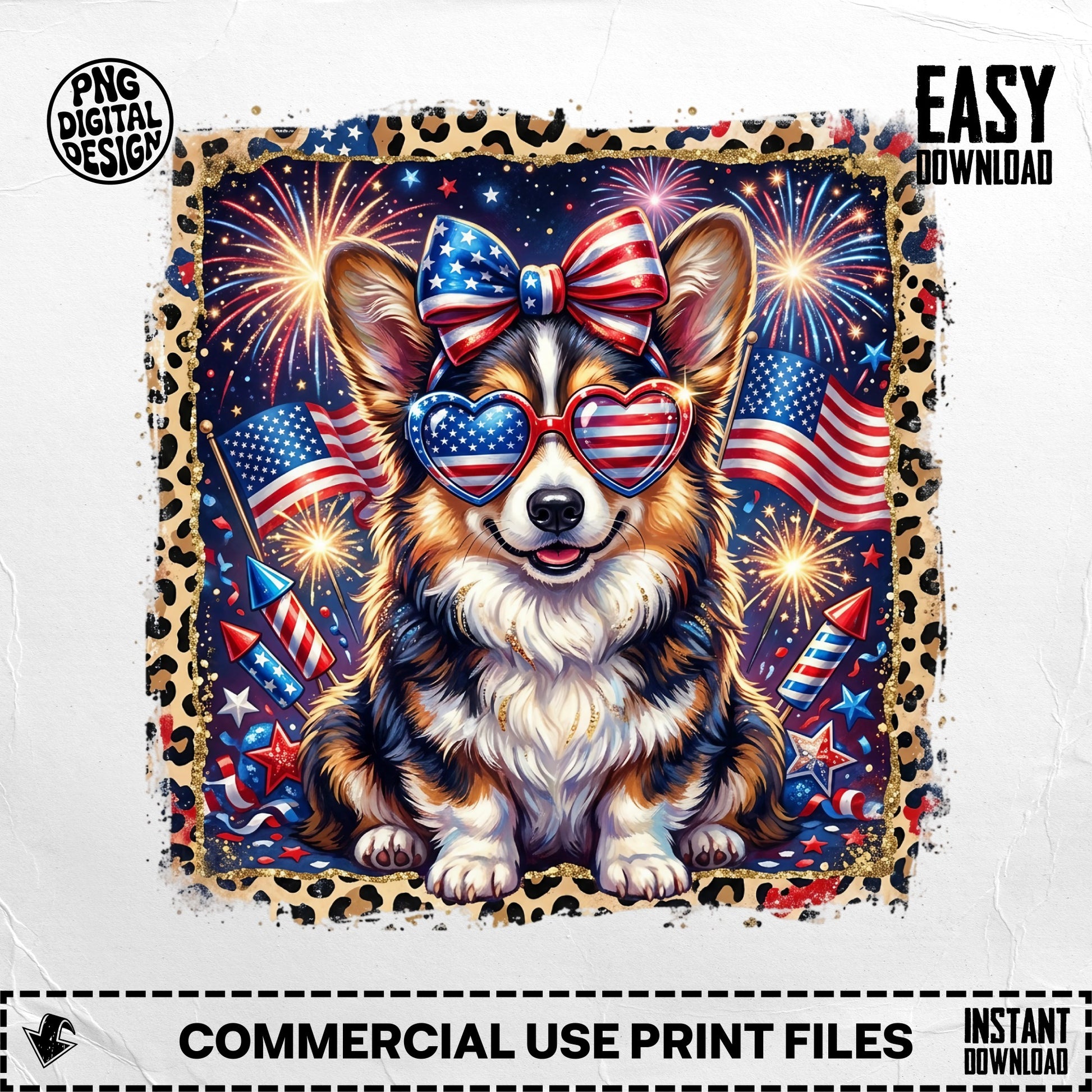 Corgi wearing patriotic sunglasses and a bow, surrounded by fireworks and American flags.