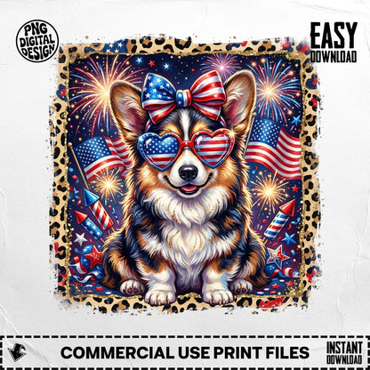 Corgi wearing patriotic sunglasses and a bow, surrounded by fireworks and American flags.
