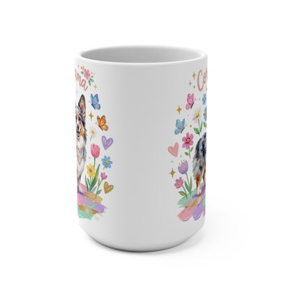 White mug with watercolor Australian Shepherd and floral accents.
