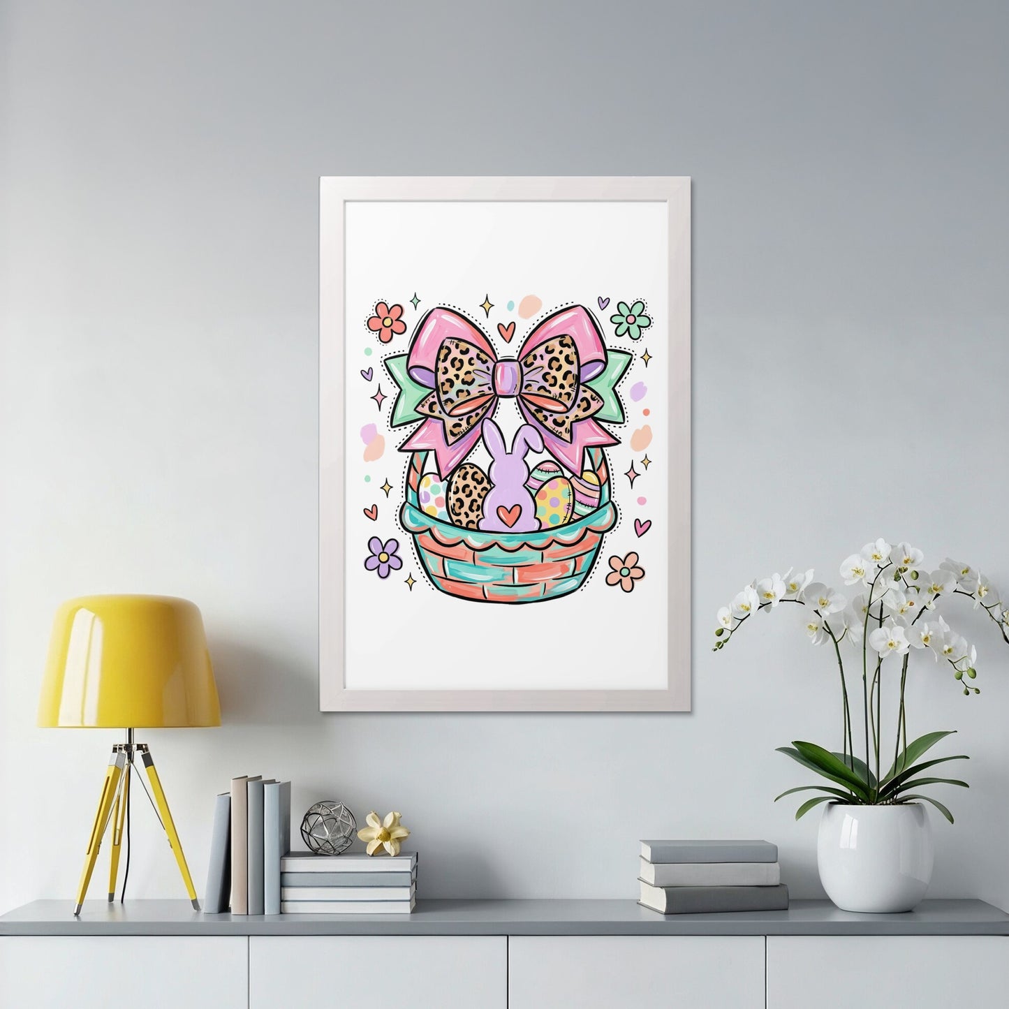 Easter basket with bunny, eggs, and bow in a colorful illustration.