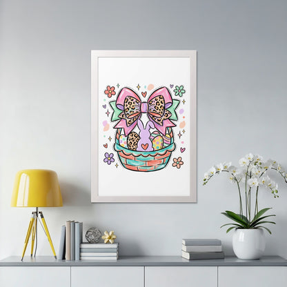 Easter basket with bunny, eggs, and bow in a colorful illustration.