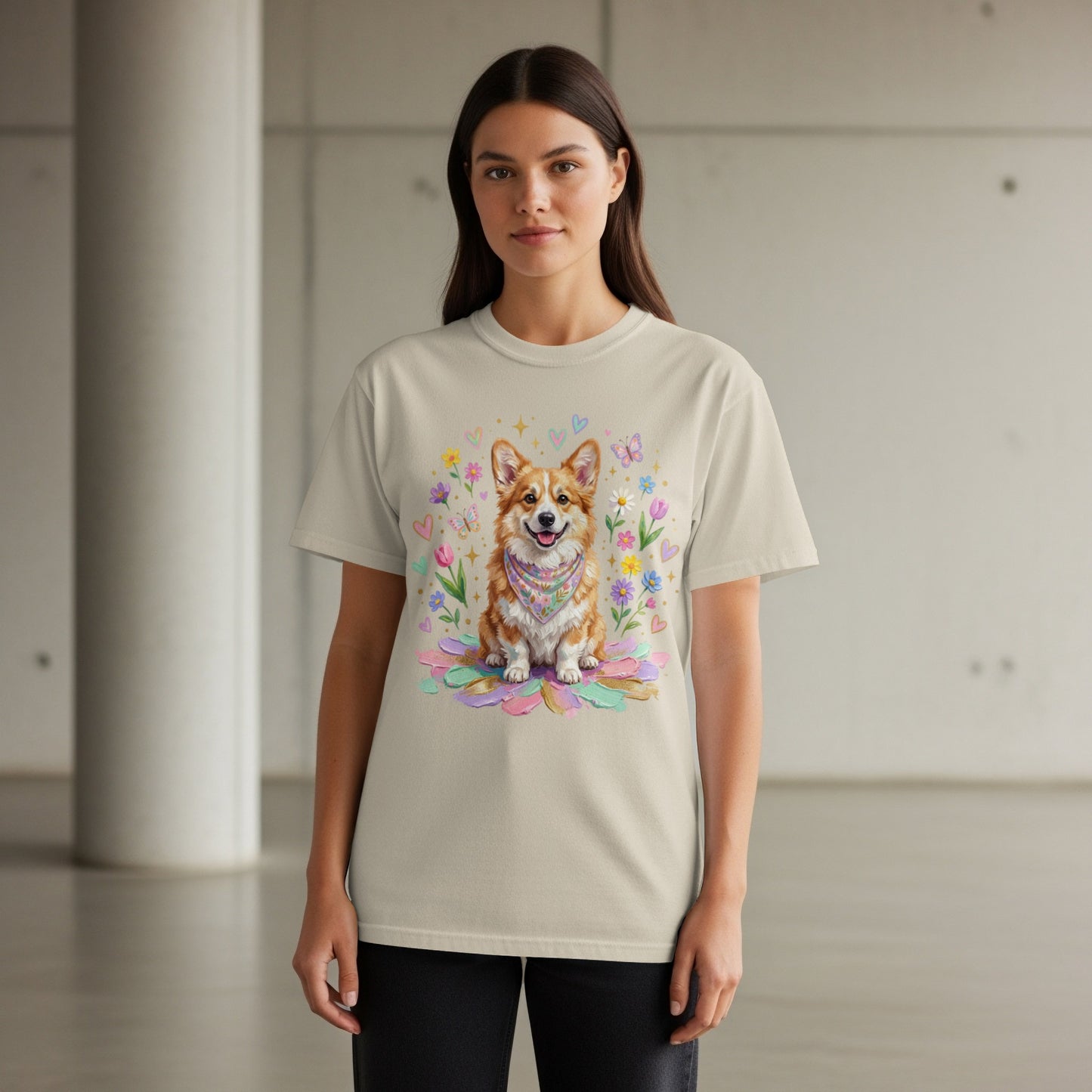 Beige t-shirt with a Corgi and floral illustration.
