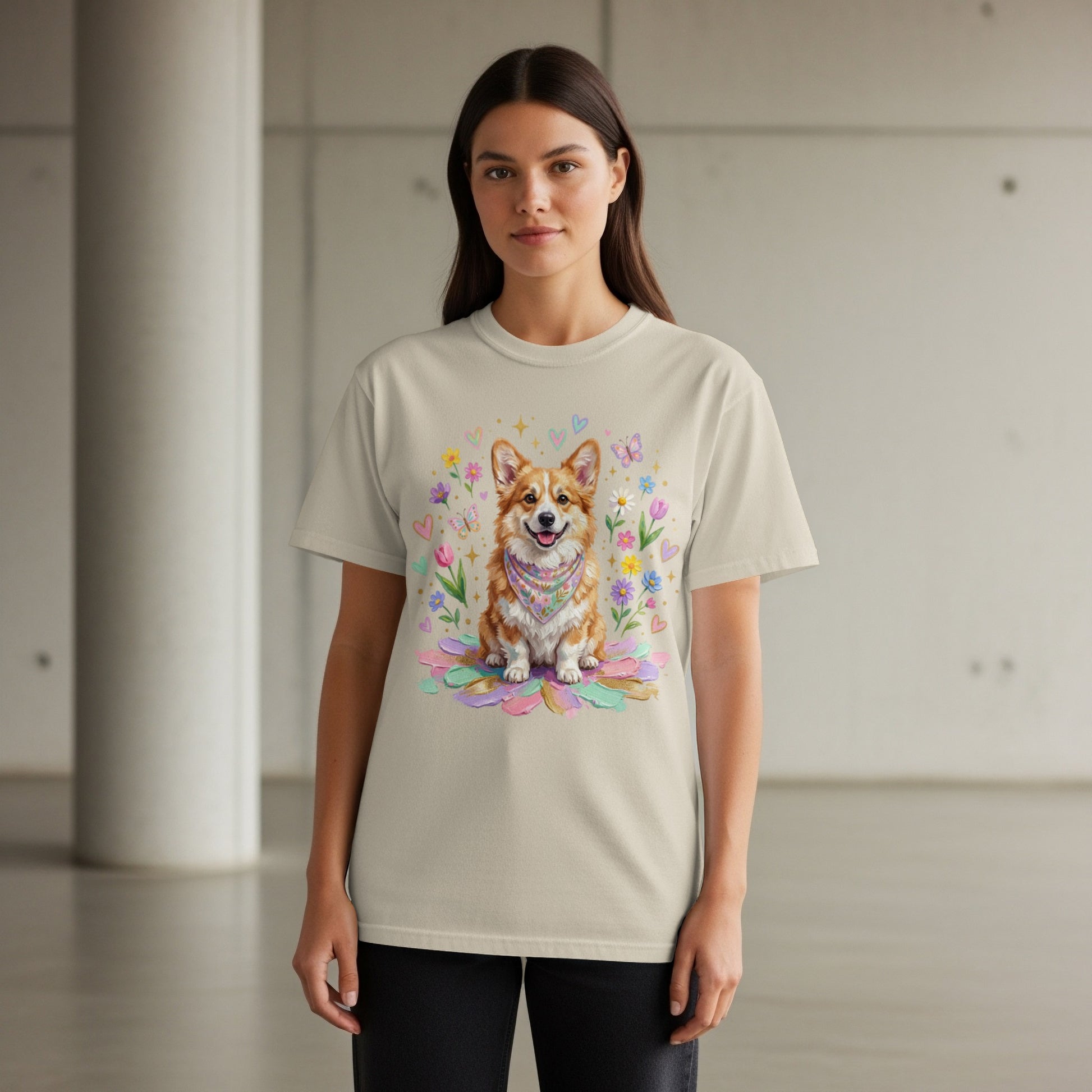 Beige t-shirt with a Corgi and floral illustration.