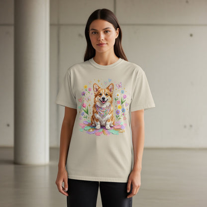 Beige t-shirt with a Corgi and floral illustration.