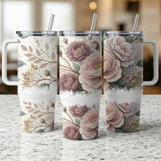 Three floral tumblers with straws, showcasing a delicate, muted floral design.