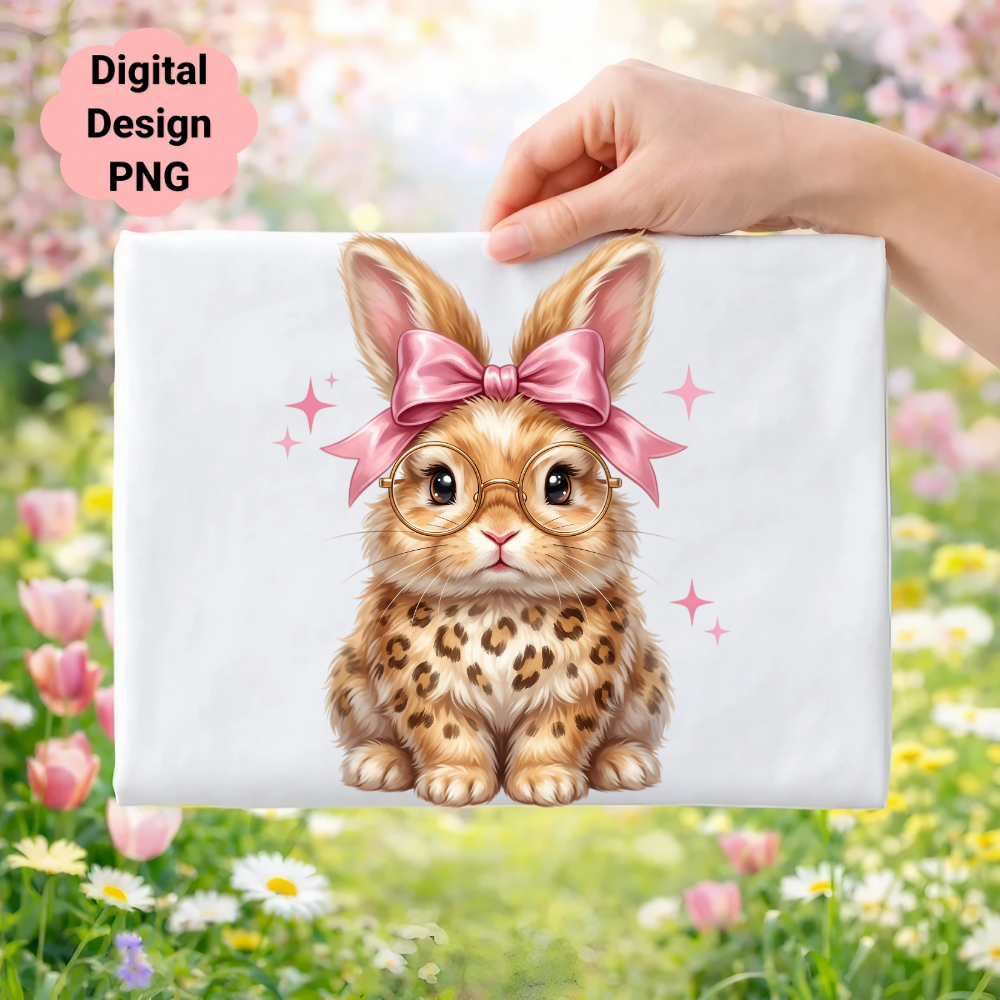 Cute leopard print bunny with glasses and pink bow, surrounded by sparkles.