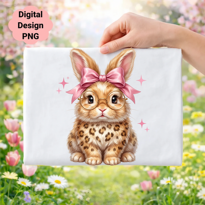 Cute leopard print bunny with glasses and pink bow, surrounded by sparkles.