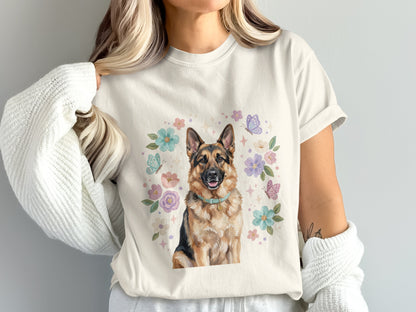 Cream t-shirt with watercolor German Shepherd and floral border design.