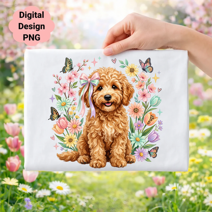 Fluffy brown puppy with butterflies and flowers, pink bow on head.
