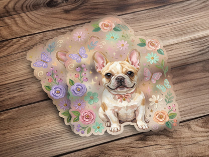 French bulldog sticker surrounded by pastel flowers and butterflies.