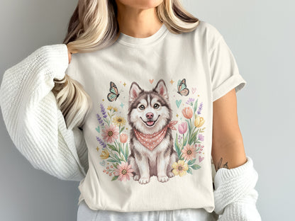 Cream t-shirt with cartoon husky dog and floral bouquet graphic.