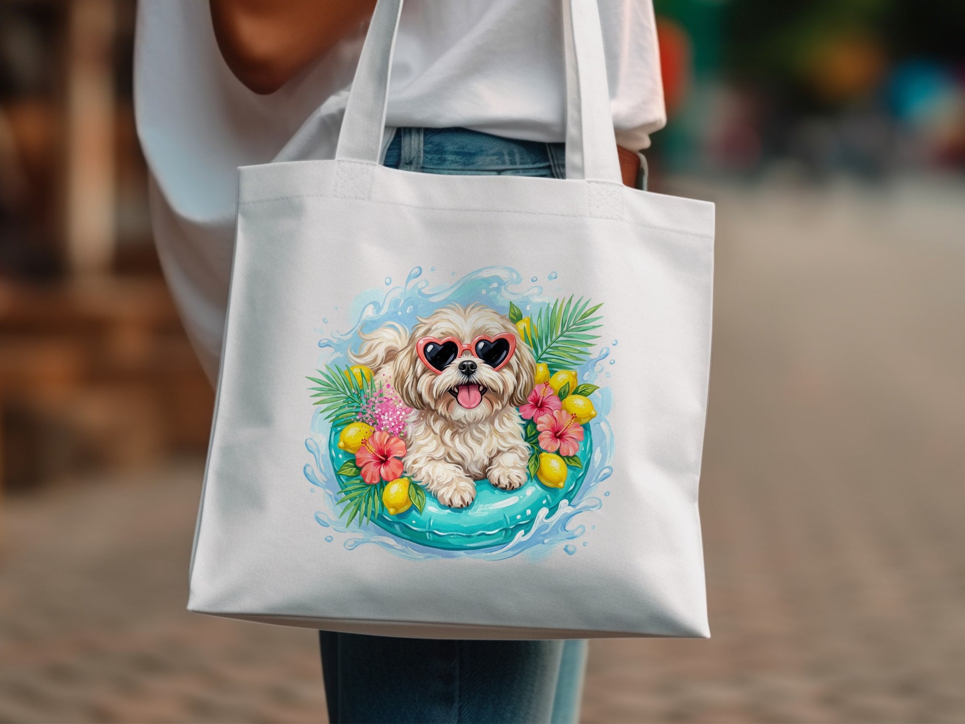 Shih Tzu in sunglasses on a yellow float with lemons and palm leaves.
