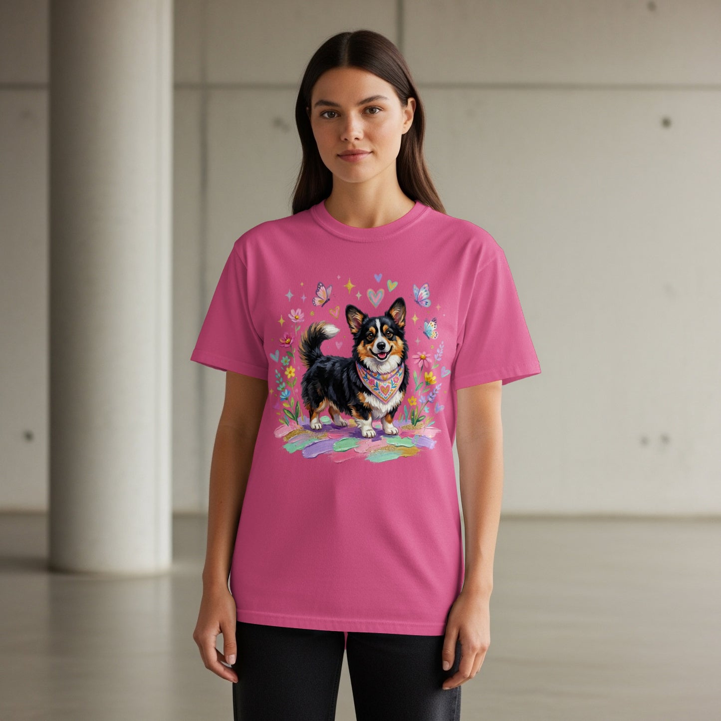 Pink t-shirt featuring a Corgi dog illustration with hearts and butterflies.