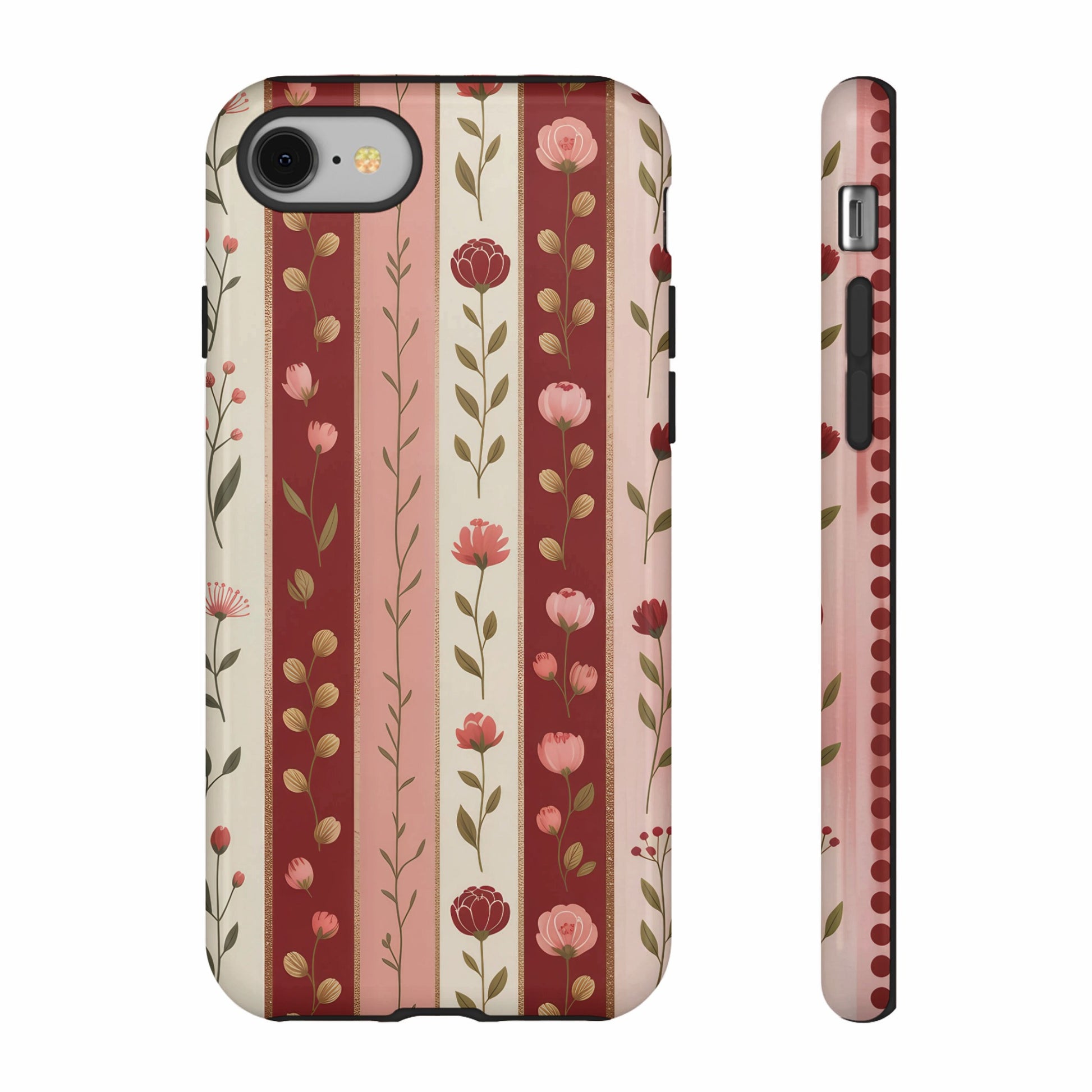 Phone case with a vertical floral stripe pattern in pink and cream.