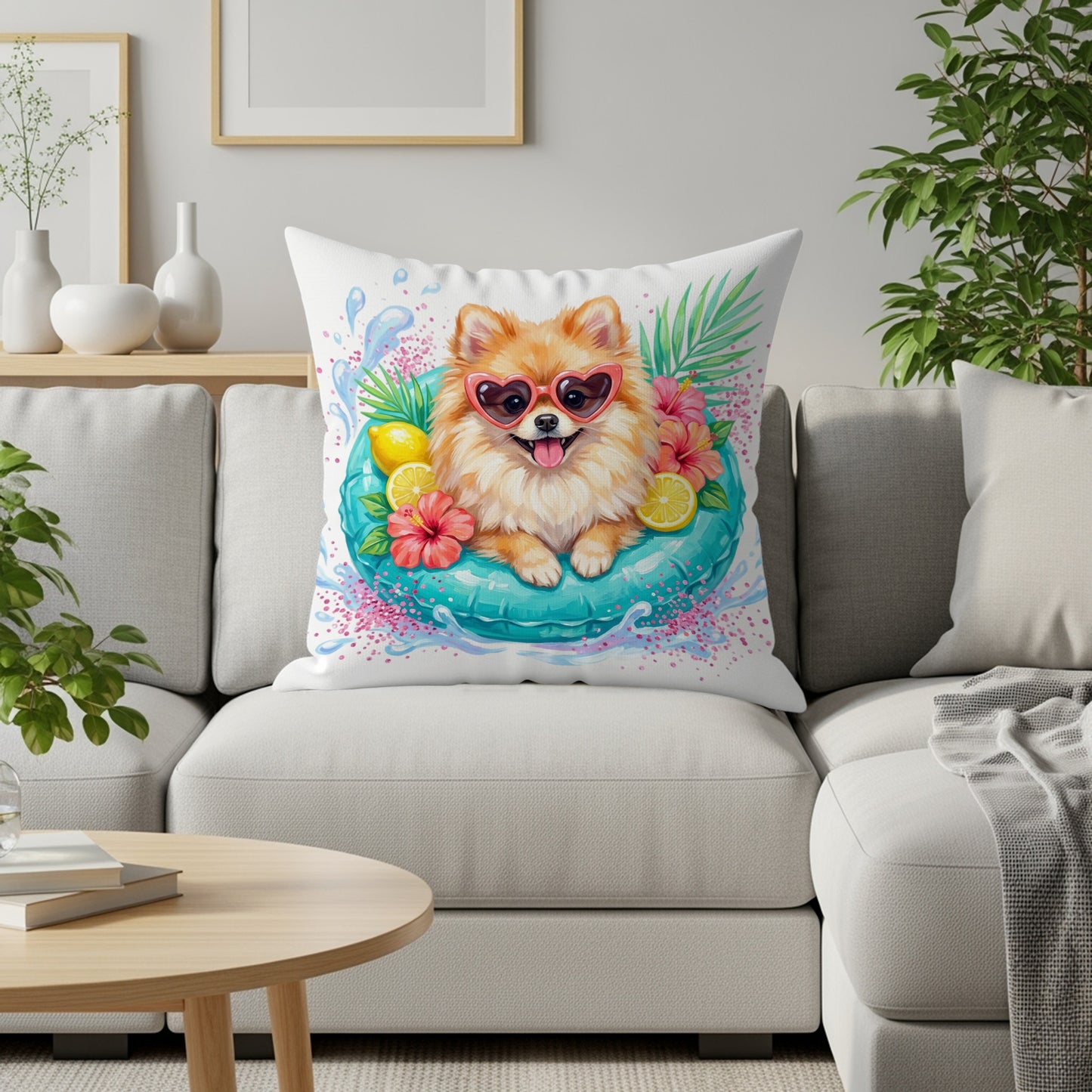 Pomeranian dog in heart sunglasses on inflatable ring with fruit and leaves.