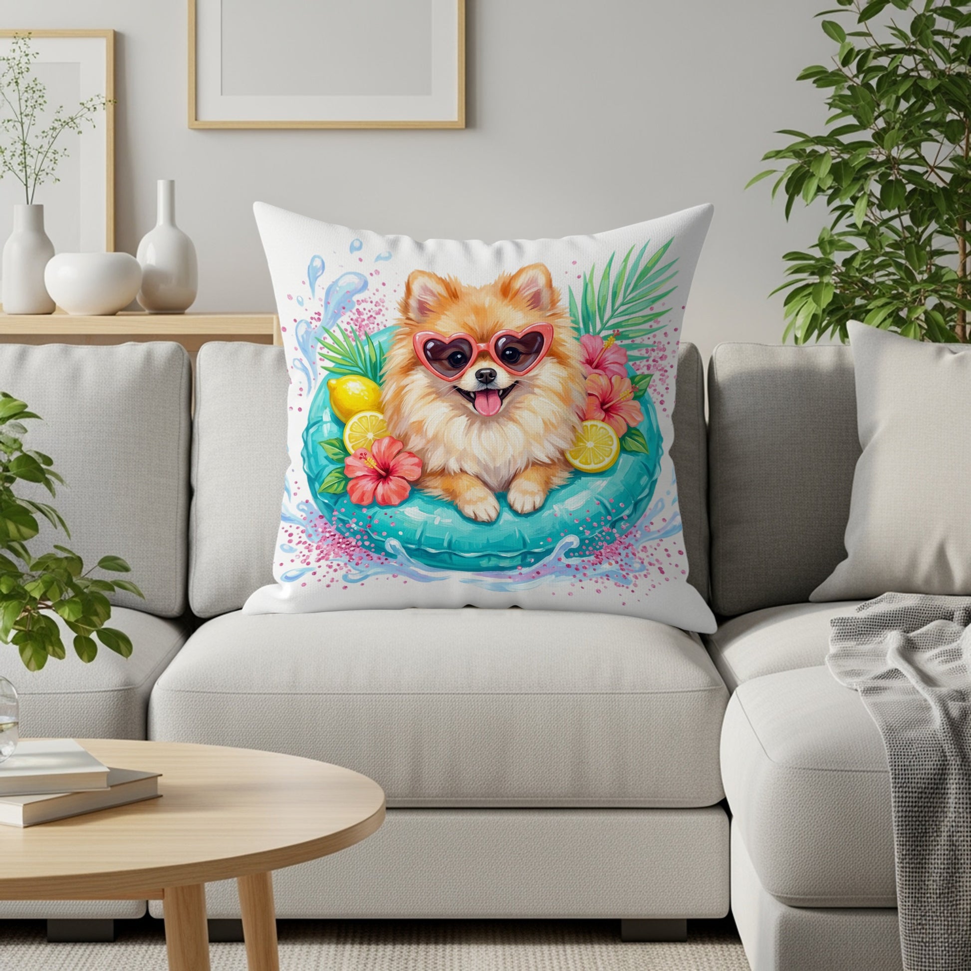 Pomeranian dog in heart sunglasses on inflatable ring with fruit and leaves.