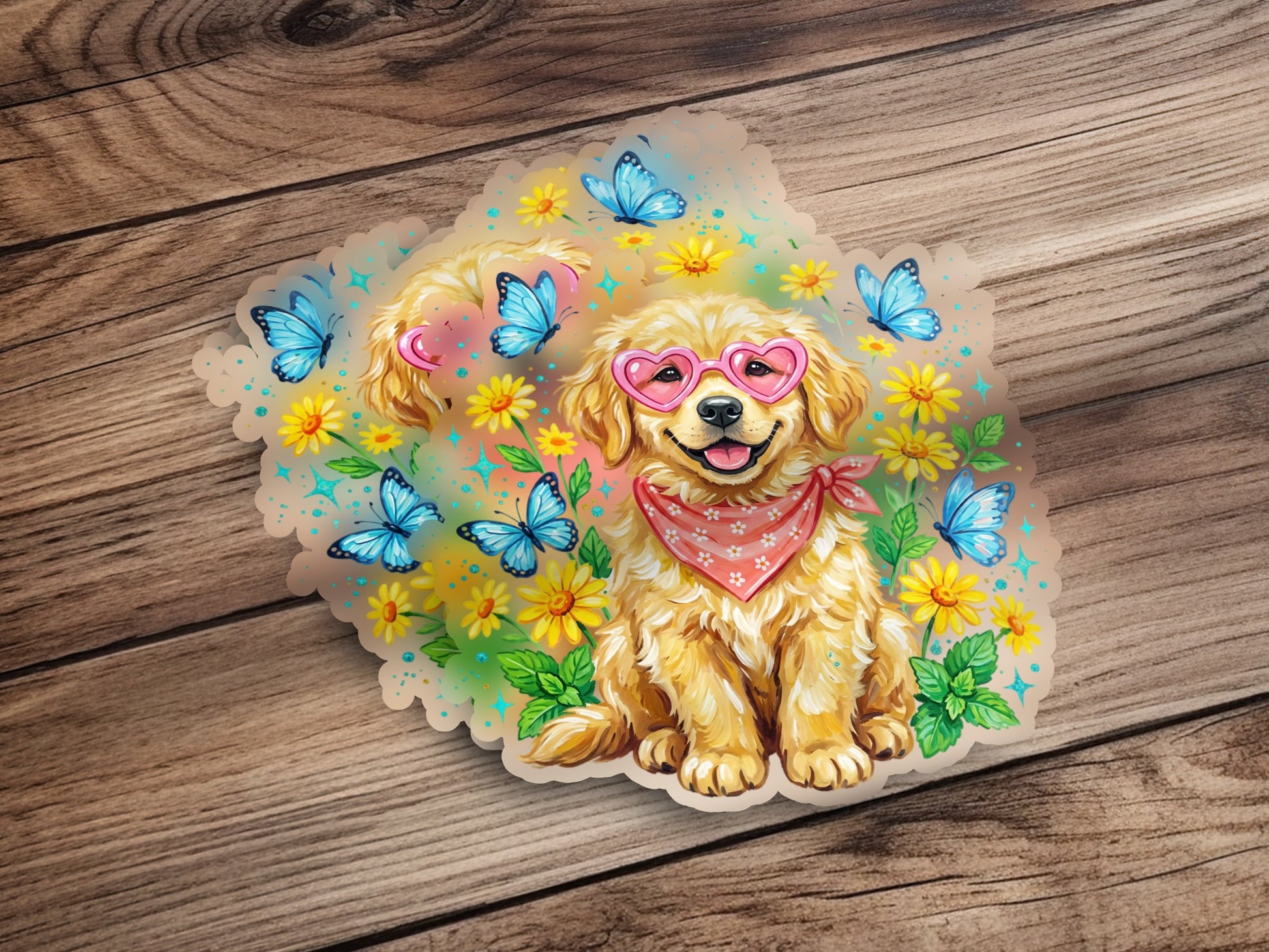 Golden retriever puppy wearing heart sunglasses and bandana with butterflies.