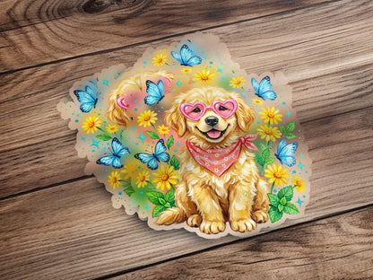 Golden retriever puppy wearing heart sunglasses and bandana with butterflies.
