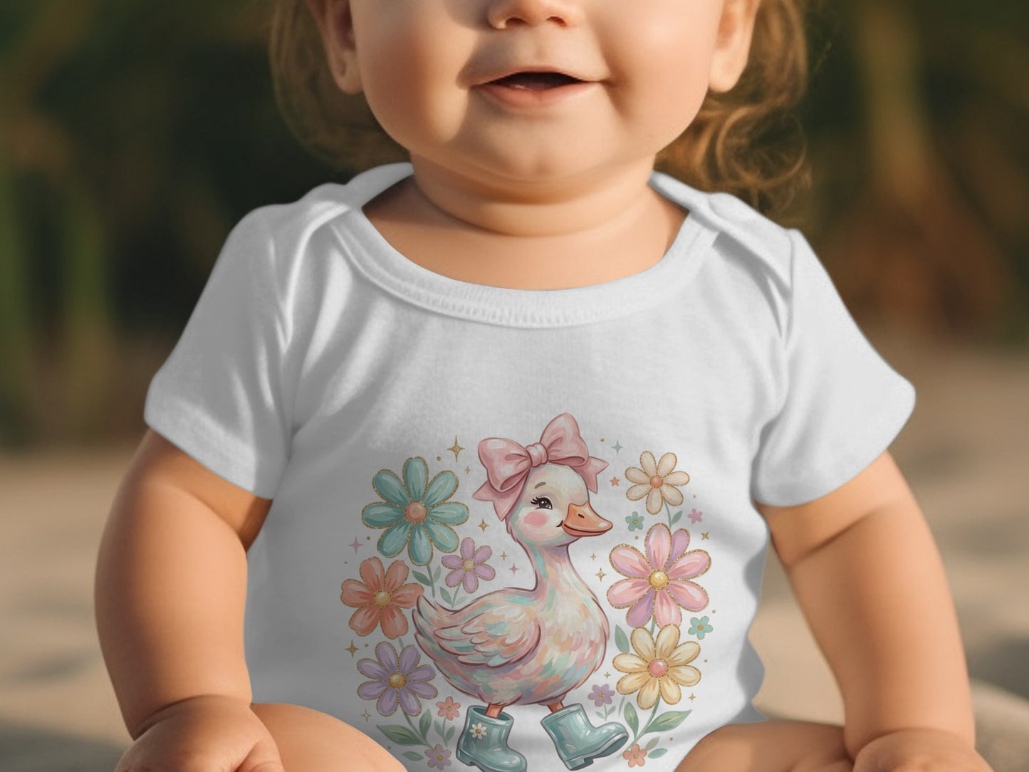 Baby in white bodysuit with pink bow duck and floral design.
