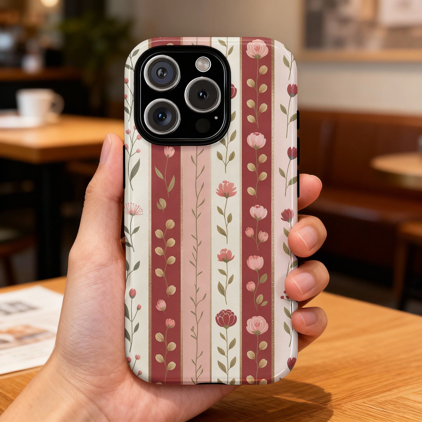 Phone case with a pink and cream floral stripe pattern.