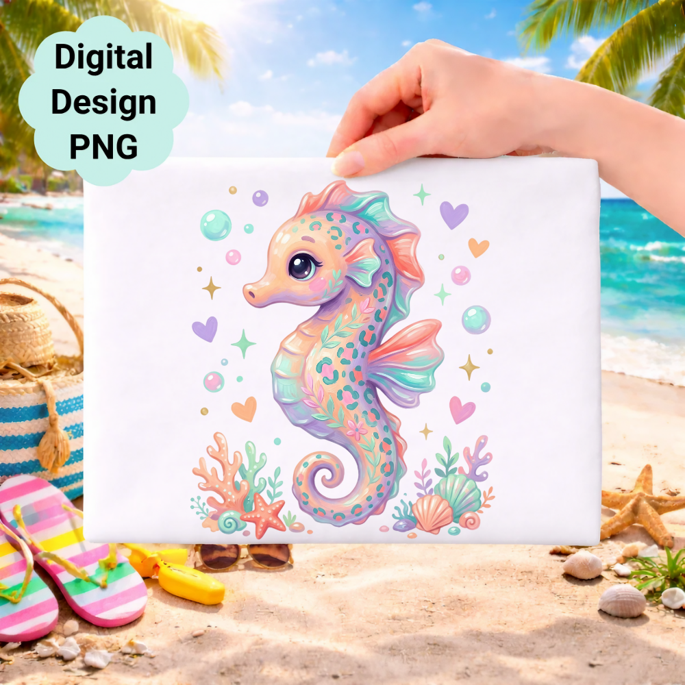 Whimsical seahorse illustration with colorful bubbles and coral on a beach background.
