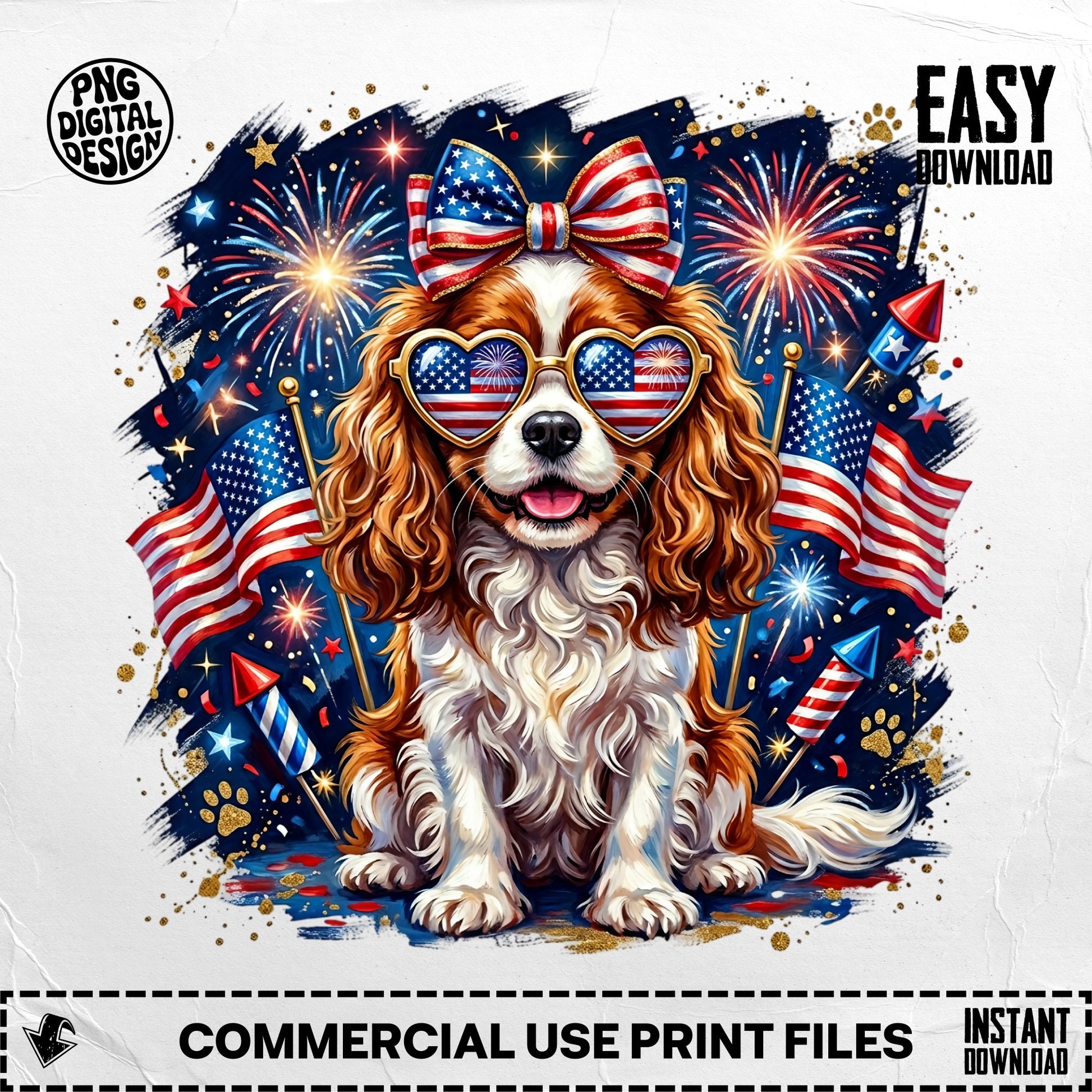Cavalier King Charles Spaniel wearing sunglasses and a bow against fireworks and American flags.