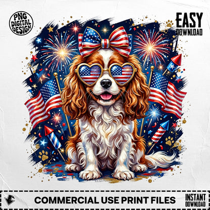 Cavalier King Charles Spaniel wearing sunglasses and a bow against fireworks and American flags.