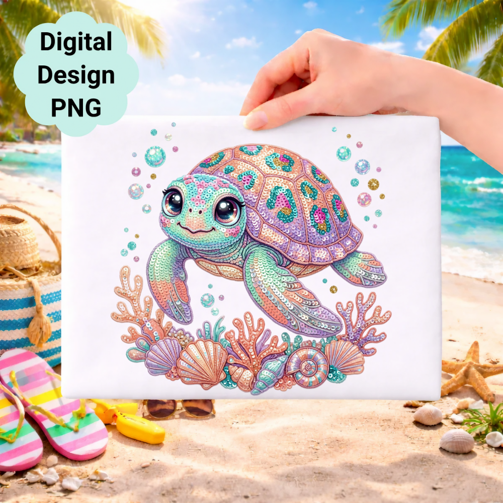 Cute cartoon sea turtle surrounded by coral and seashells on a beach background.
