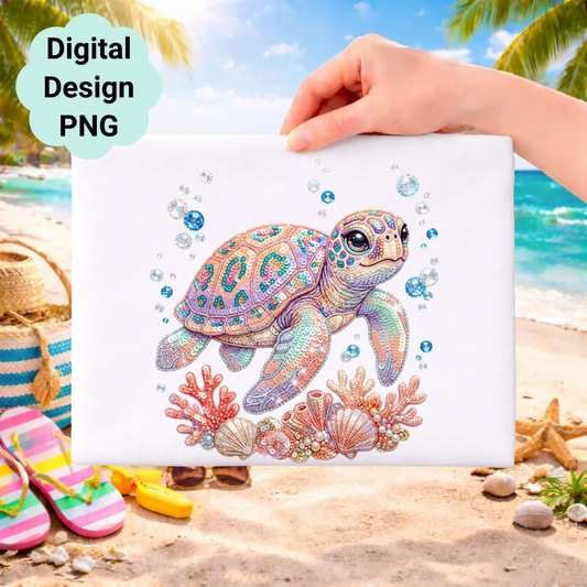 Cute sea turtle with coral and bubbles on beach background.