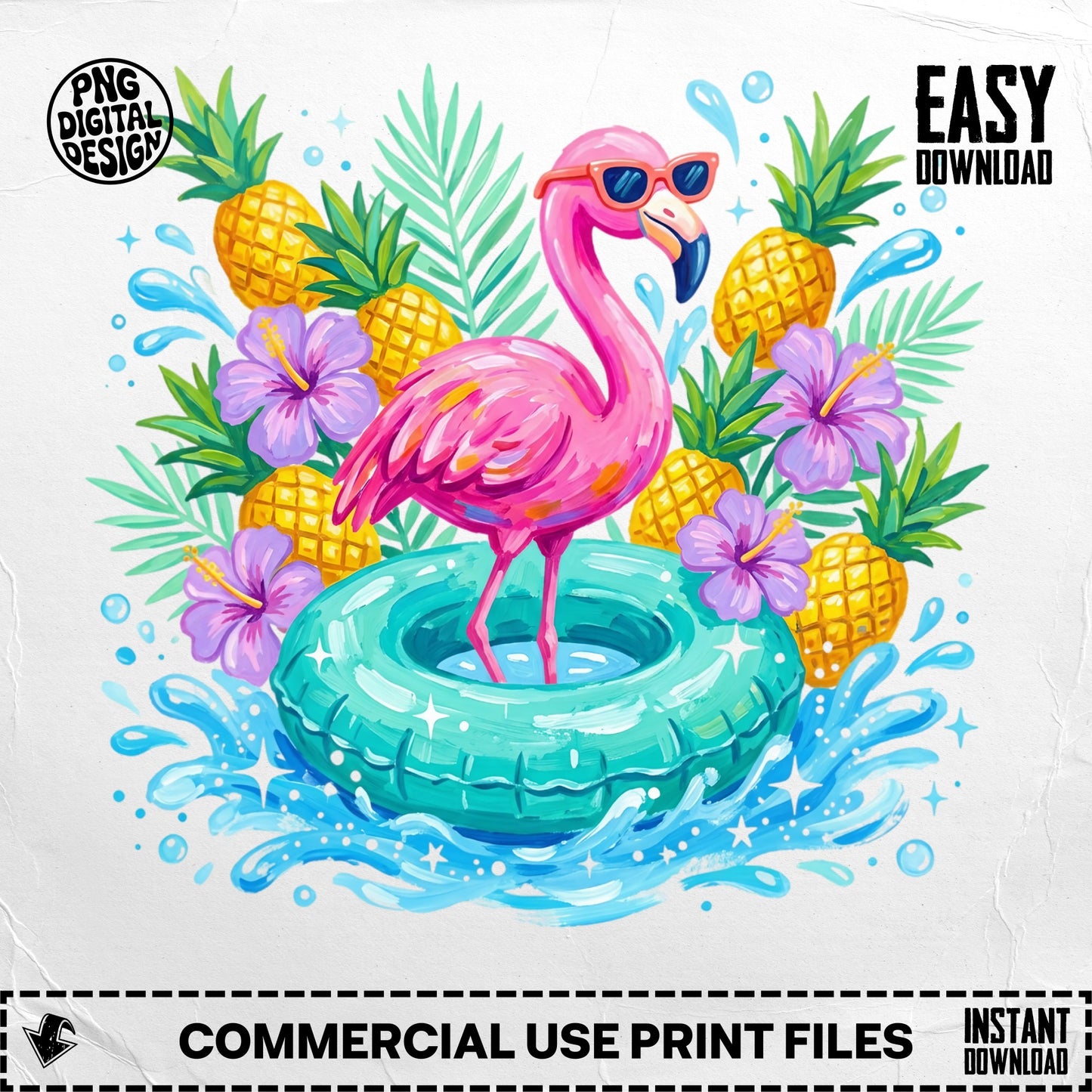 Pink flamingo in sunglasses on inflatable ring with pineapples and hibiscus flowers.