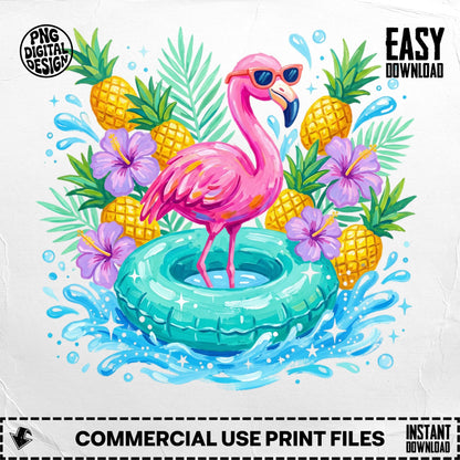 Pink flamingo in sunglasses on inflatable ring with pineapples and hibiscus flowers.