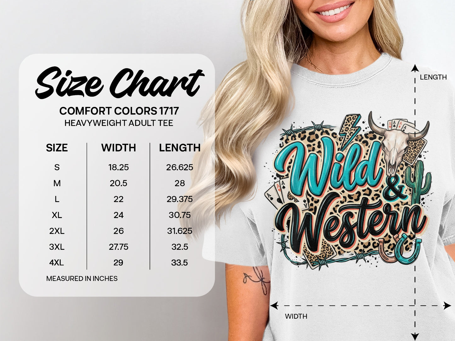 Size chart for Comfort Colors 1717 heavyweight adult tee, listing sizes S-4XL.