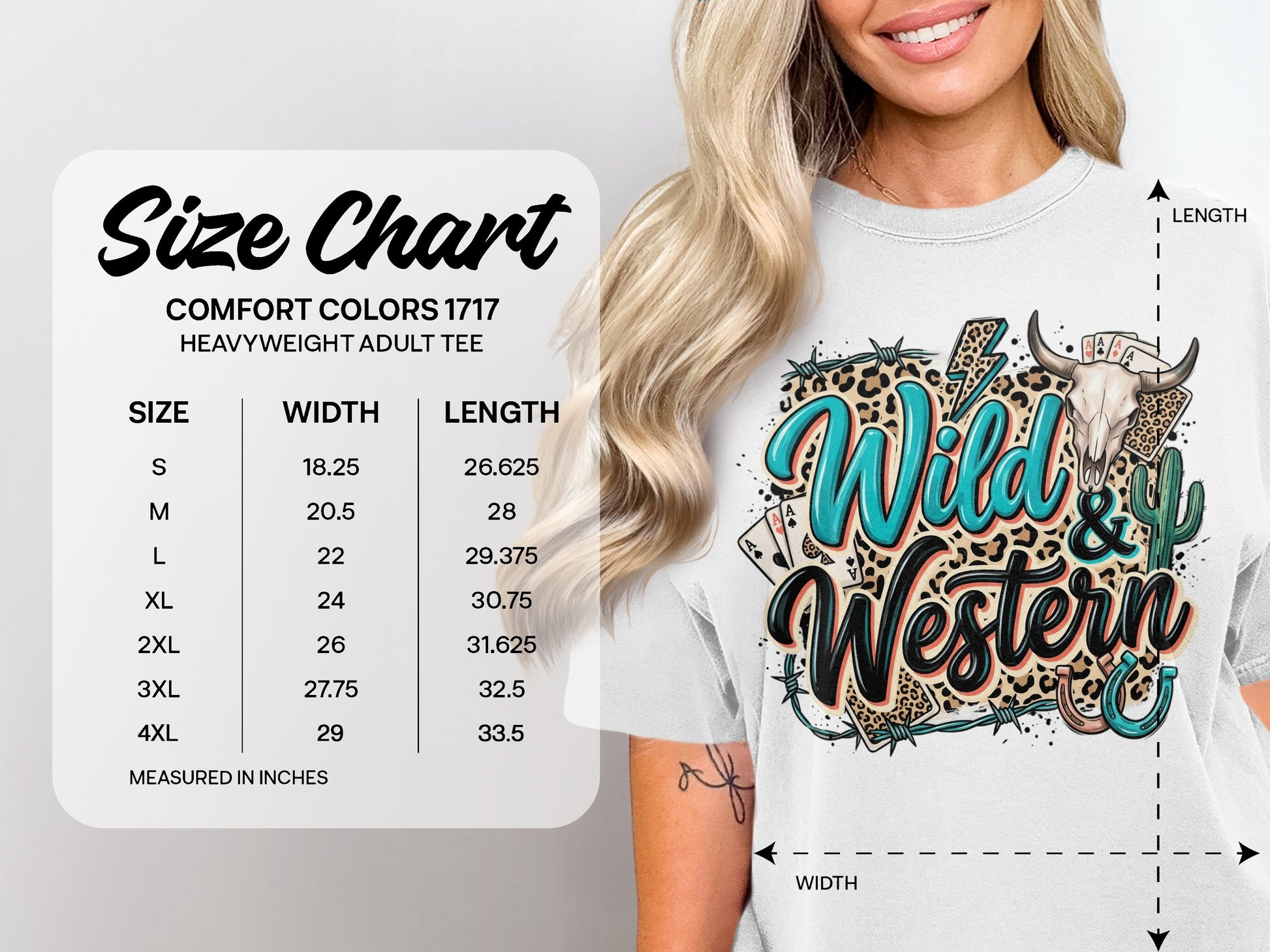 Size chart for Comfort Colors 1717 heavyweight adult tee, listing sizes S-4XL.