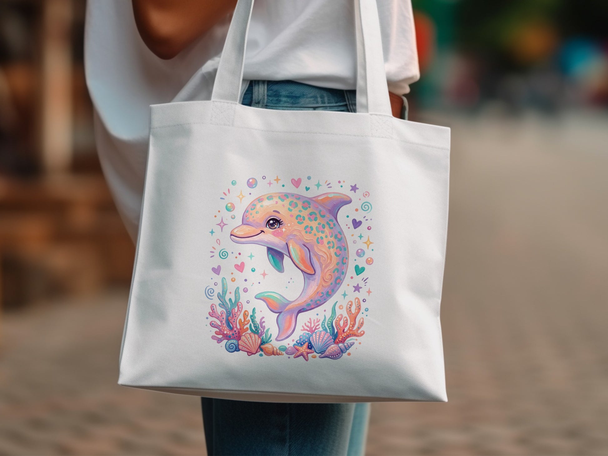 White tote bag with a colorful cartoon dolphin and underwater scene.