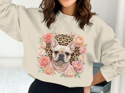 French bulldog wearing bandana surrounded by pink roses and leopard print.