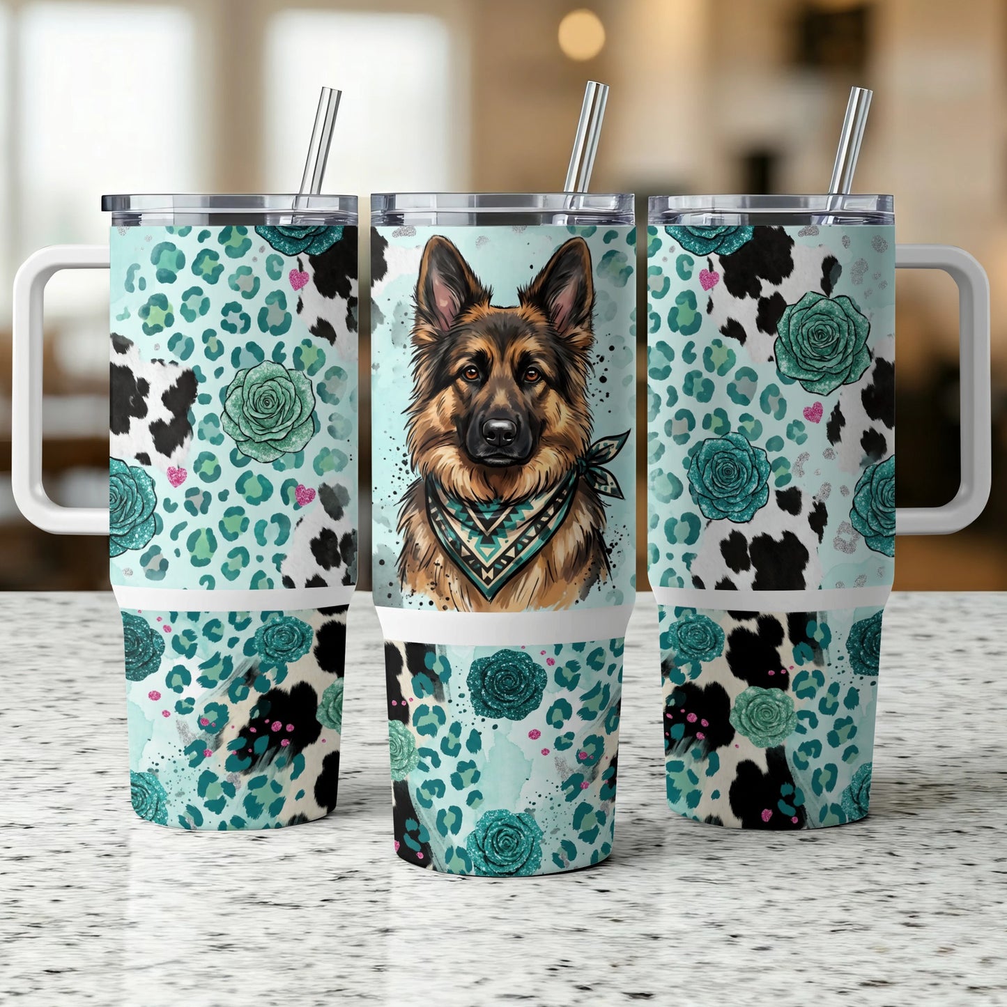 German Shepherd dog with bandana on turquoise leopard and rose pattern tumbler.