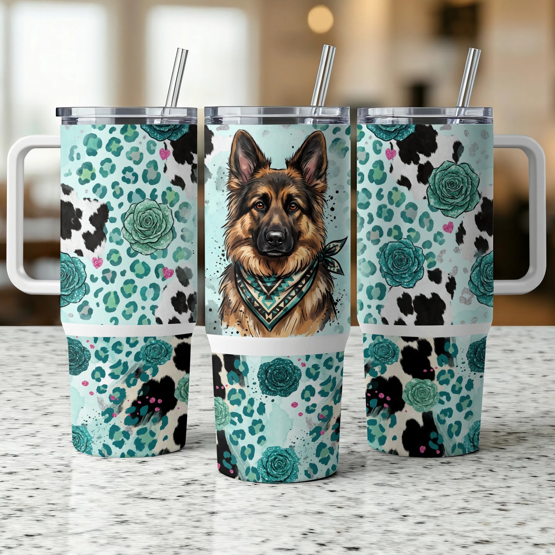 German Shepherd dog with bandana on turquoise leopard and rose pattern tumbler.