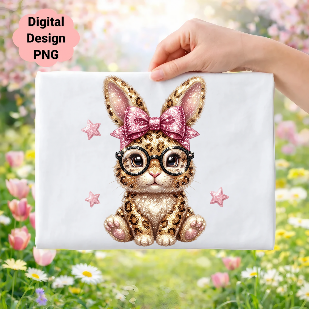 Leopard print bunny with pink bow and glasses, surrounded by stars.