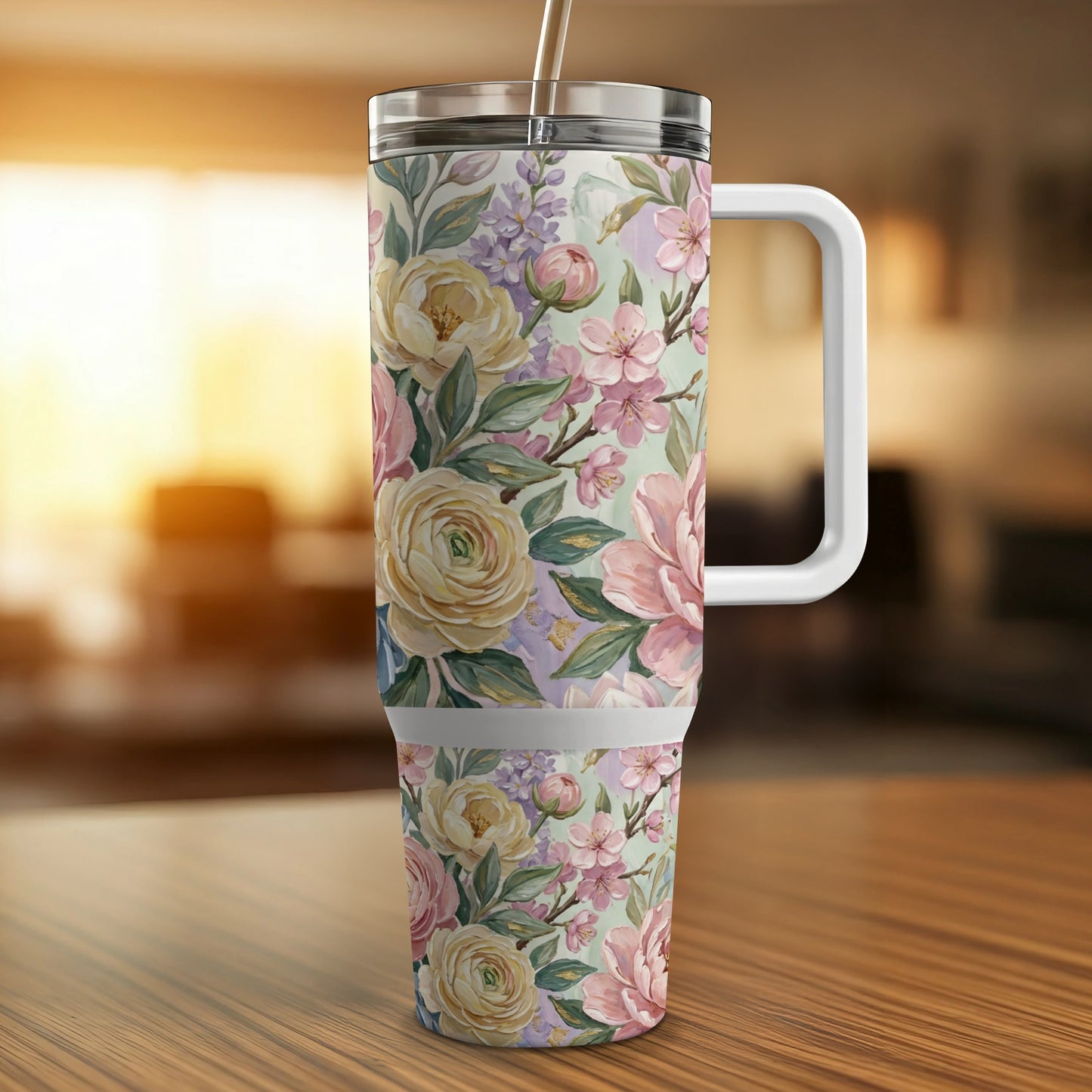 Floral pattern tumbler with handle and straw.
