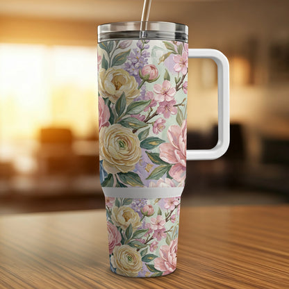 Floral pattern tumbler with handle and straw.