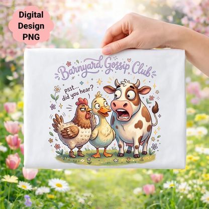 Barnyard Gossip Club with cow, chicken, and duck; "Psst... did you hear?" text.
