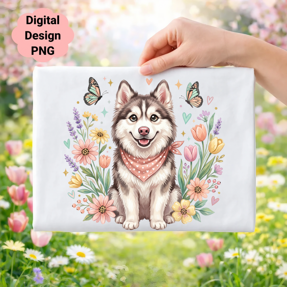 Husky with pink bandana surrounded by flowers and butterflies.
