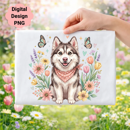 Husky with pink bandana surrounded by flowers and butterflies.