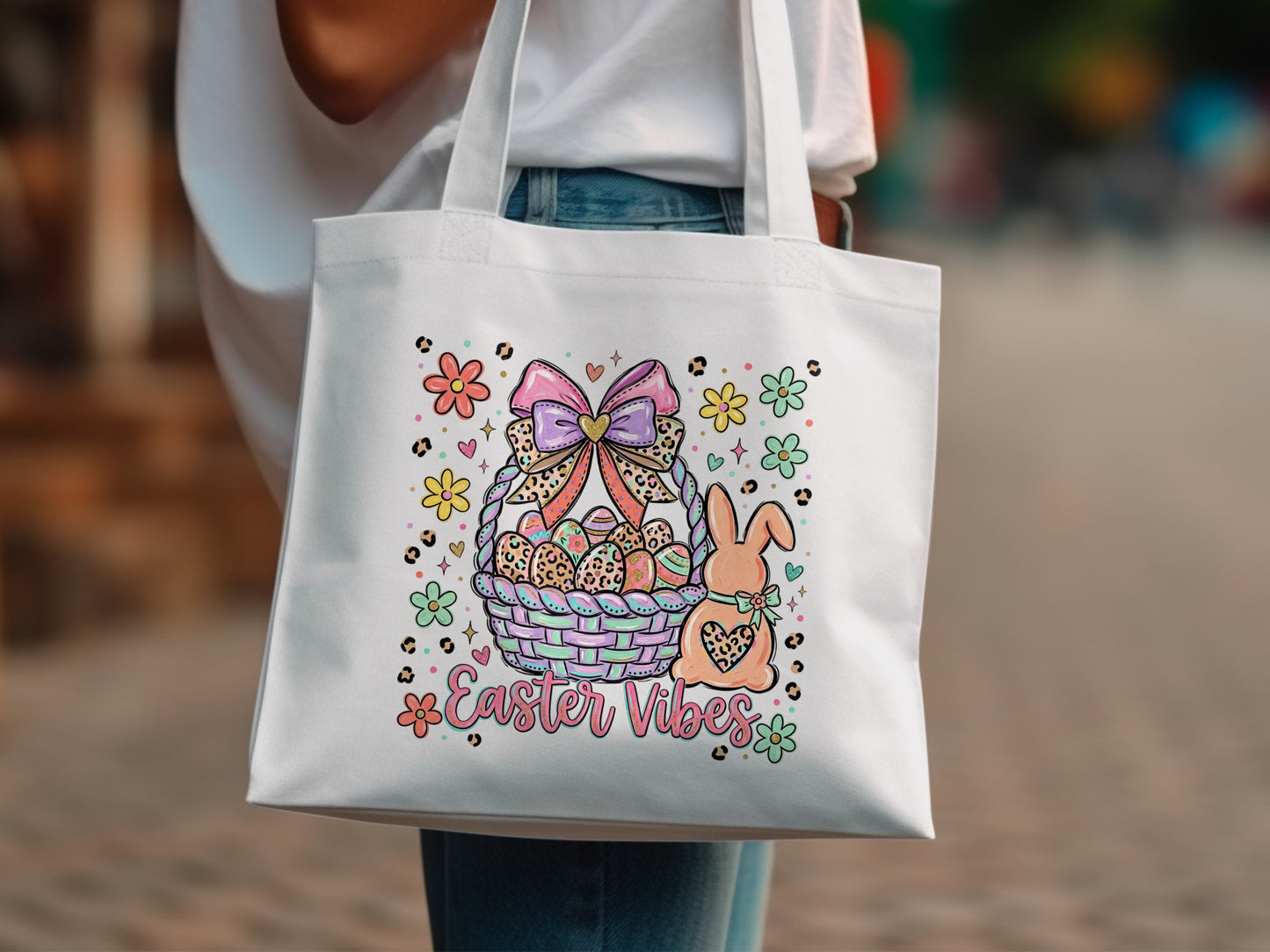 Easter basket with eggs, bunny, and flowers, "Easter Vibes" text.