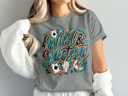 Gray t-shirt with "Wild & Western" text, cow skull, cactus, and playing cards.