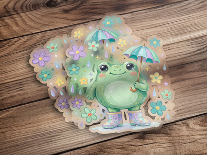 Cute frog holding umbrella in rain, surrounded by flowers.