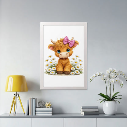 Cute cartoon highland cow with pink bow sits among daisies.