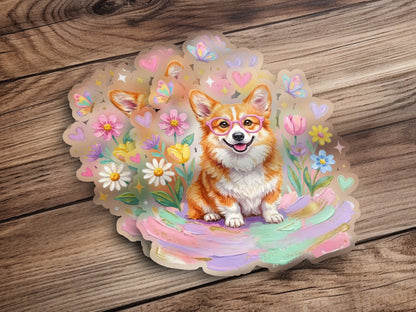 Corgi wearing pink glasses, surrounded by flowers and hearts.