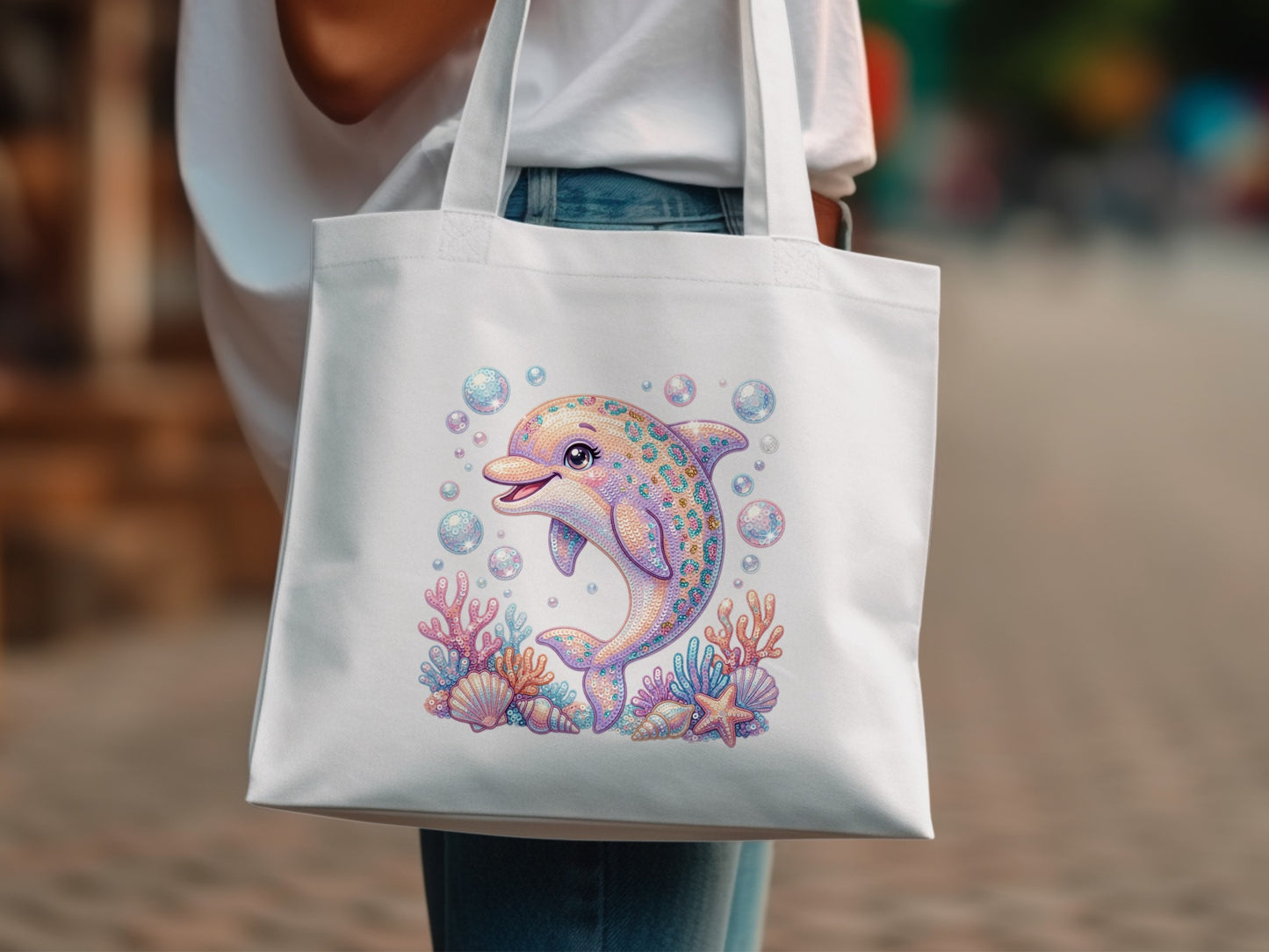 White tote bag featuring a colorful sequined dolphin with coral and seashells.