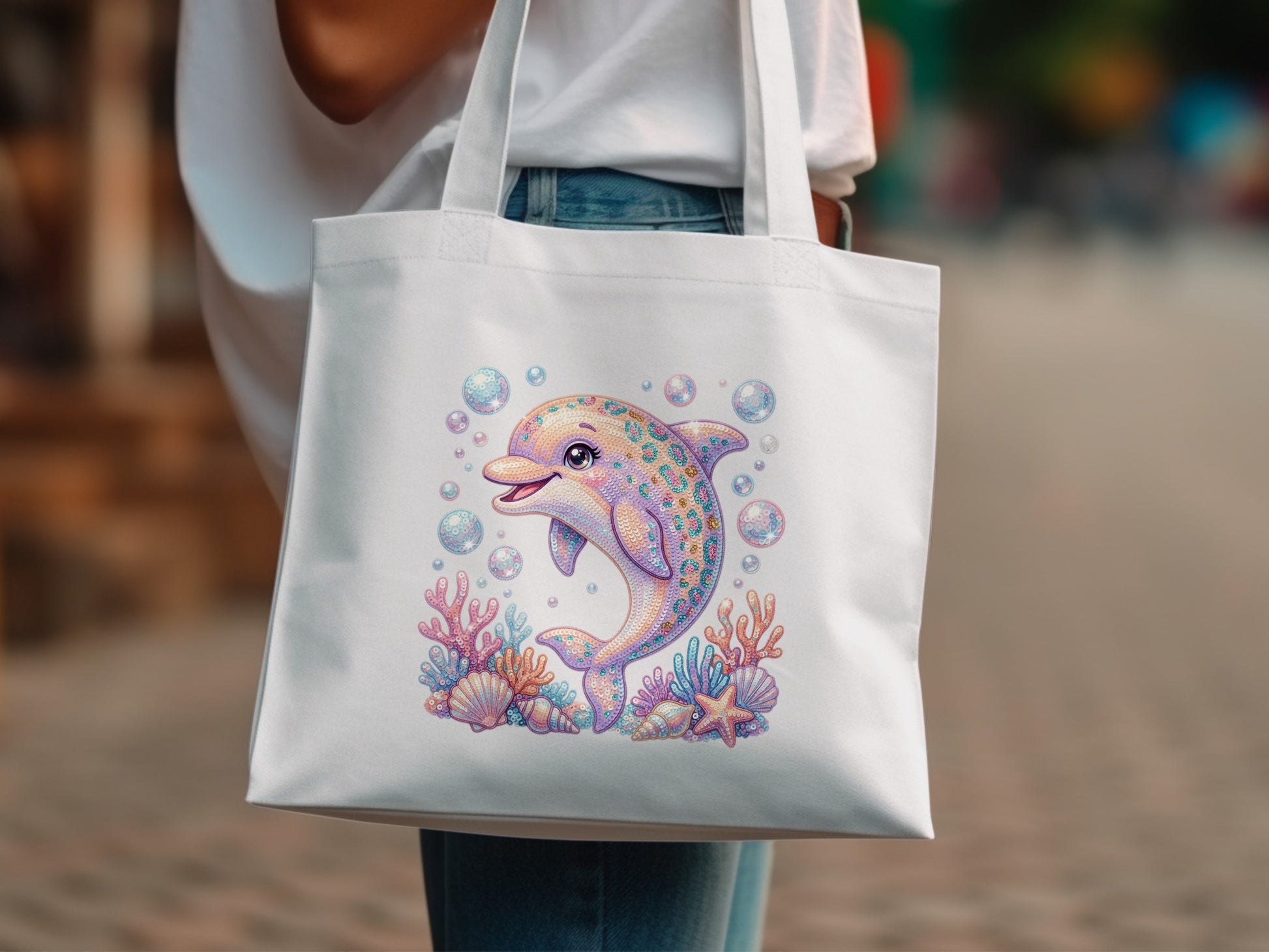 White tote bag featuring a colorful sequined dolphin with coral and seashells.